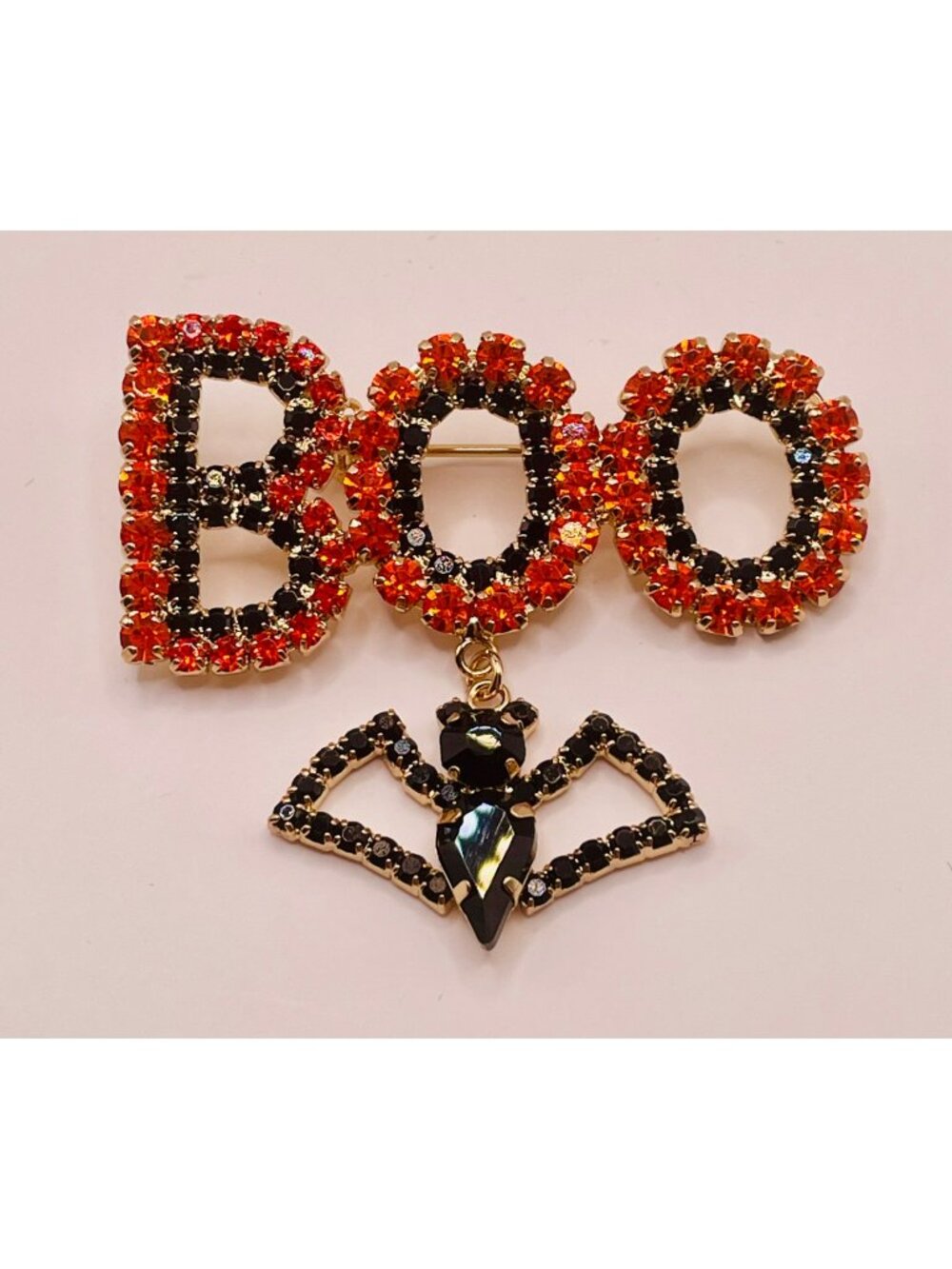 Halloween Boo Rhinestone Brooch Dangling Bat Design - Orange & Black -42B